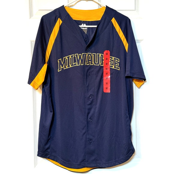 Milwaukee Brewers MLB Jersey Shirt Mens Embroidered Blue Sz Medium NEW with Tags - Picture 1 of 7
